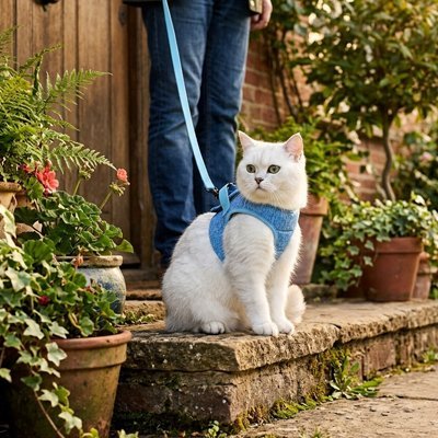 Chat blanc en harnais bleu denim avec laisse bleue dans un jardin  