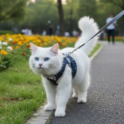 Chat blanc en promenade harnais bleu sécurisé