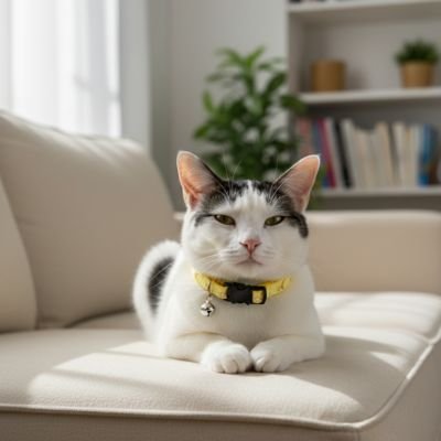  "Chat blanc et noir avec collier chat jaune à clochette assis sur coussin"