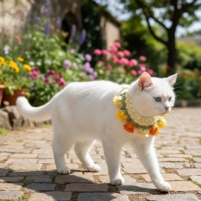 Chat blanc marchant sur des pavés avec un collier fleurs jaunes dans un jardin coloré