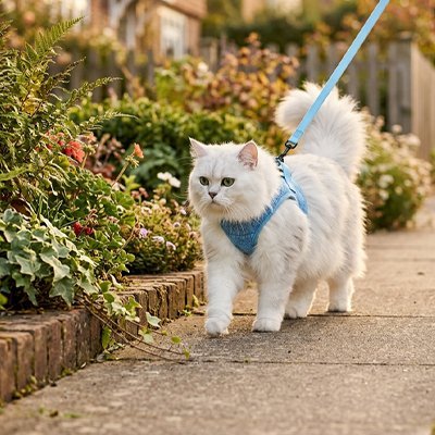 Chat blanc persan en harnais bleu denim se promenant dans une allée fleurie