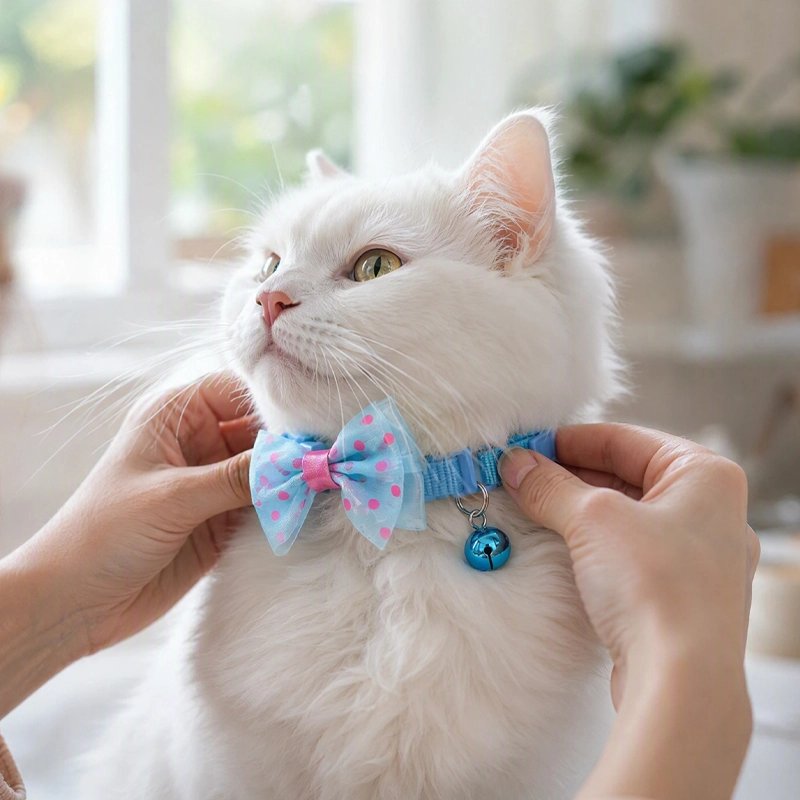  Chat blanc portant un collier bleu avec nœud papillon à pois roses et grelot