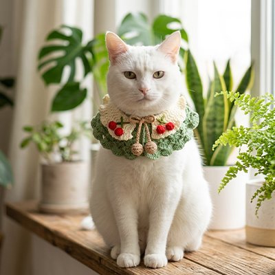 Chat blanc portant un collier chat vert avec cerises rouges et nœud