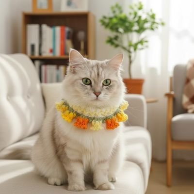  Chat blanc portant un collier fleurs jaunes assis sur un canapé blanc