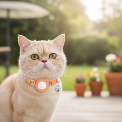  Chat British Shorthair blanc avec collier GPS orange premium