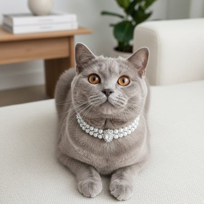Chat British Shorthair gris avec collier diamant