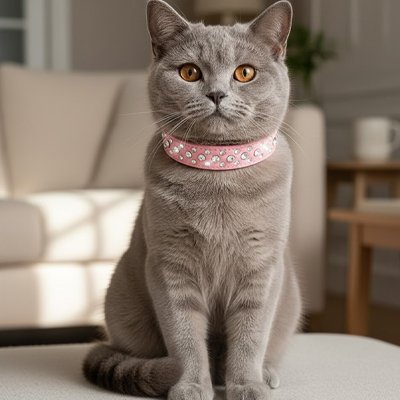 Chat British Shorthair gris avec collier rose premium pour chat - Accessoire élégant et confortable