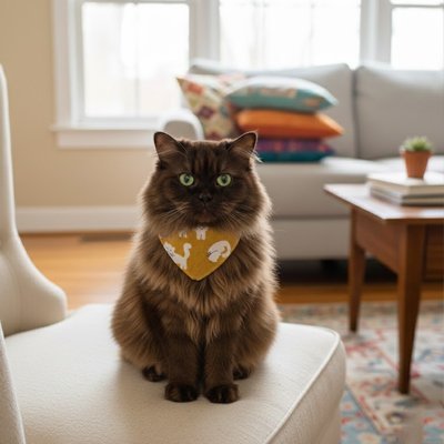 Chat brun poil long avec bandana chat jaune motifs chats sur chaise