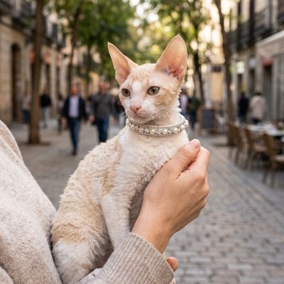 Chat Devon Rex avec collier chat perles cristaux tenu par une femme dans rue