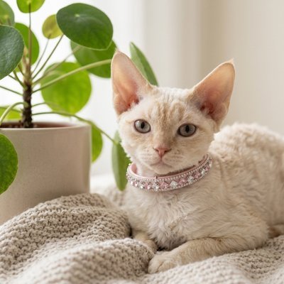 Chat Devon Rex avec collier chat rose cristaux allongé sur couverture 