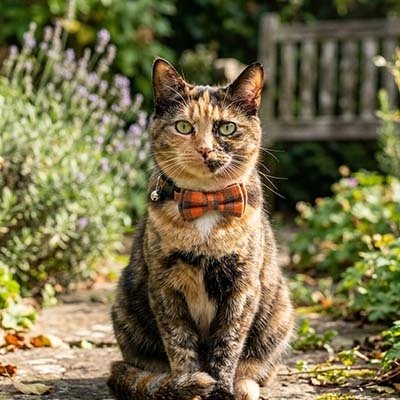 Chat écaille de tortue assis au jardin avec un collier nœud papillon à carreaux orange