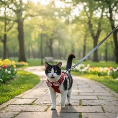 Chat en promenade avec harnais et laisse