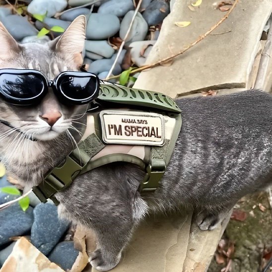 Chat gris avec harnais tactique I'M SPECIAL et accessoires"