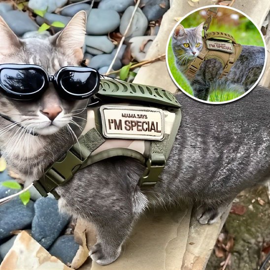 Chat gris avec harnais tactique I'M SPECIAL et accessoires"