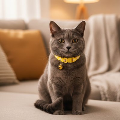 Chat gris british shorthair assis avec collier jaune à clochette