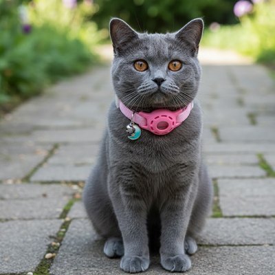 Chat gris chartreux portant un collier pour chat GPS rose avec médaille verte 