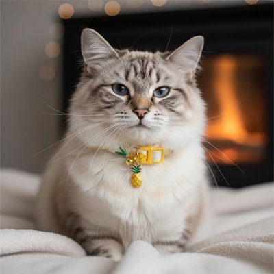 Chat gris collier ananas jaune devant cheminée
