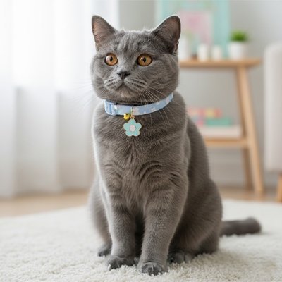 Chat gris collier bleu fleur