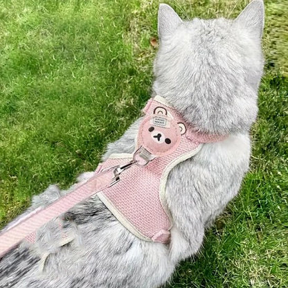 Chat gris dans l'herbe avec laisse rose à motif ourson - harnais ajustable pour promenade