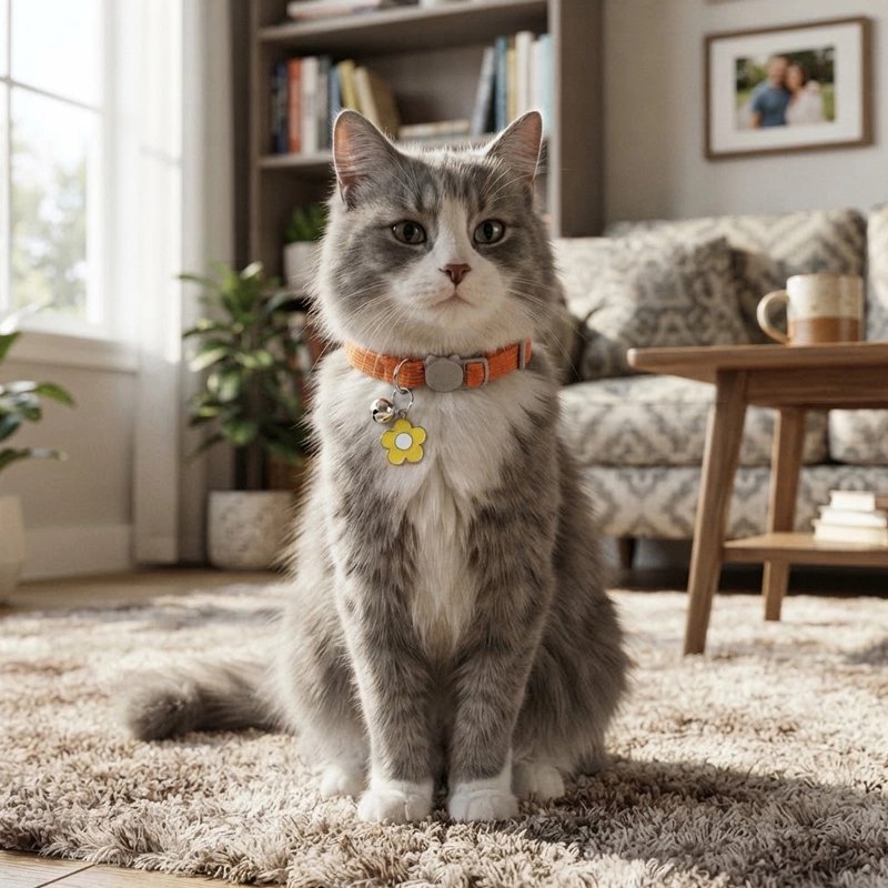 Chat gris et blanc assis sur un tapis portant un collier orange