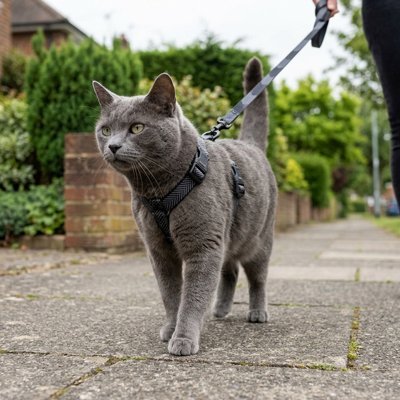 Chat gris portant un harnais pour chat réglable avec laisse, en extérieur