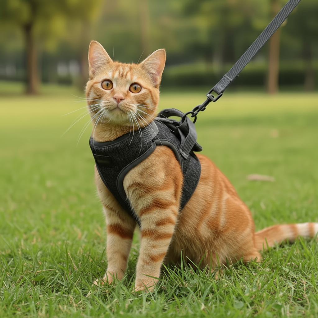 Chat harnais noir format carré