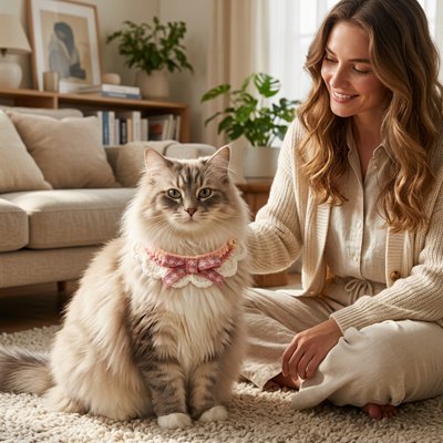 Chat maine coon avec collier collerette dentelle rose fleuri dans un salon cosy
