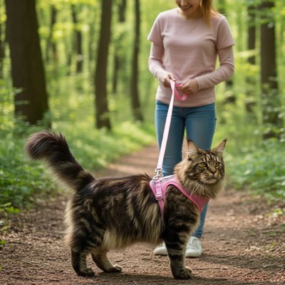 Chat maine coon avec harnais rose confortable lors d'une balade en forêt
