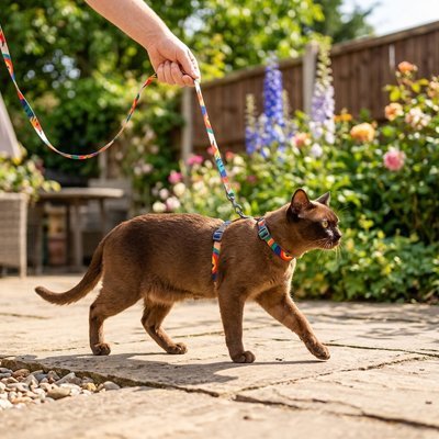 Chat marron portant un harnais avec laisse multicolore lors d’une promenade dans un jardin