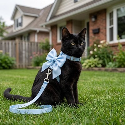 Chat noir assis sur la pelouse portant un harnais pour chat bleu ciel avec nœud papillon et laisse
