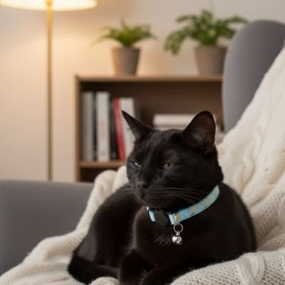  "Chat noir avec collier chat bleu turquoise et clochette sur canapé"