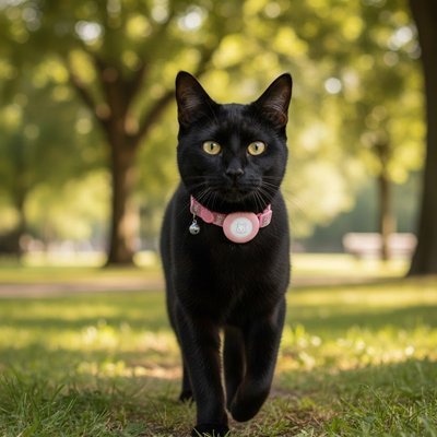 Chat noir avec collier GPS rose élégant et médaille