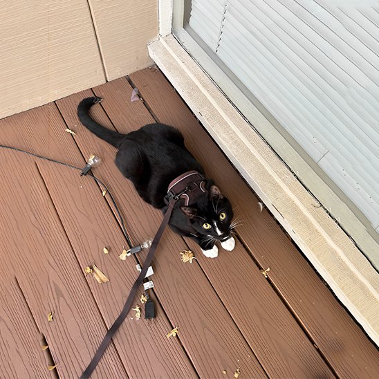  "Chat noir en promenade avec harnais de sécurité - harnais extérieur avec laisse pour balcon"