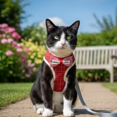 Chat noir et blanc avec harnais rouge