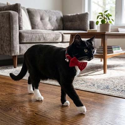 Chat noir et blanc en mouvement avec un collier nœud papillon rouge 