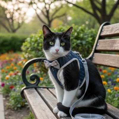 Chat noir et blanc harnais bleu jardin