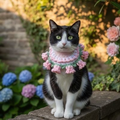 Chat noir et blanc portant un collier crochet rose avec fleurs assis dans un jardin fleuri