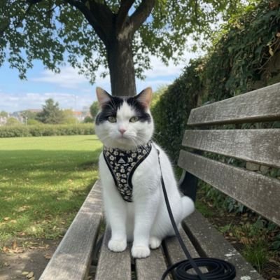 Chat noir et blanc portant un harnais chat à motifs floraux assis sur un banc de parc