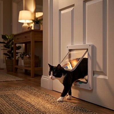 Chat noir et blanc traversant une chatière blanche installée sur porte