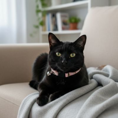  "Chat noir portant un collier chat rose avec clochette sur couverture grise"