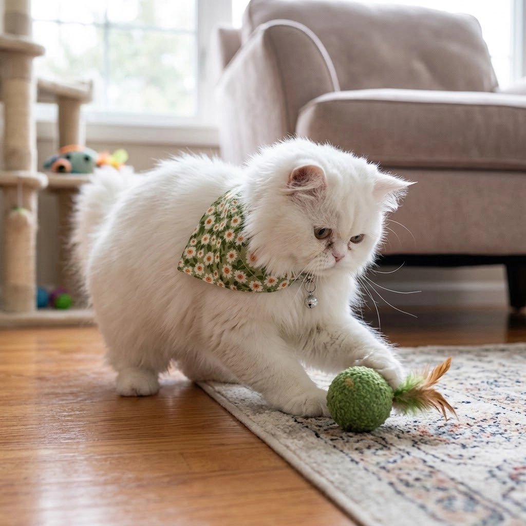 Chat persan blanc portant un bandana pour chat à marguerites vertes qui joue avec une balle à plumes