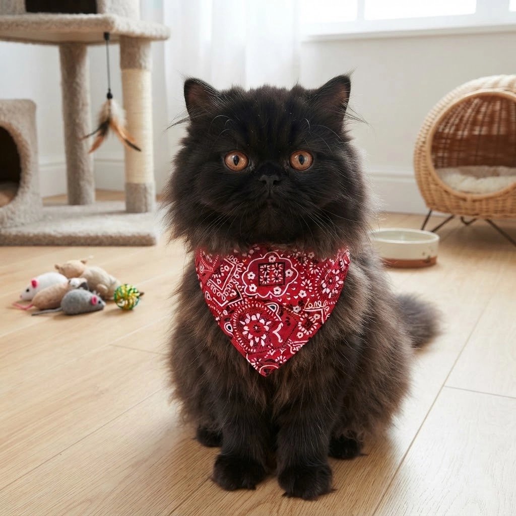 Chat persan noir aux yeux cuivrés portant un bandana pour chat rouge à motifs cachemire, assis dans un salon