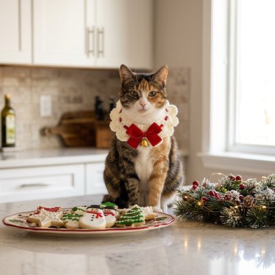 Chat portant un collier bandana de Noël rouge avec clochette