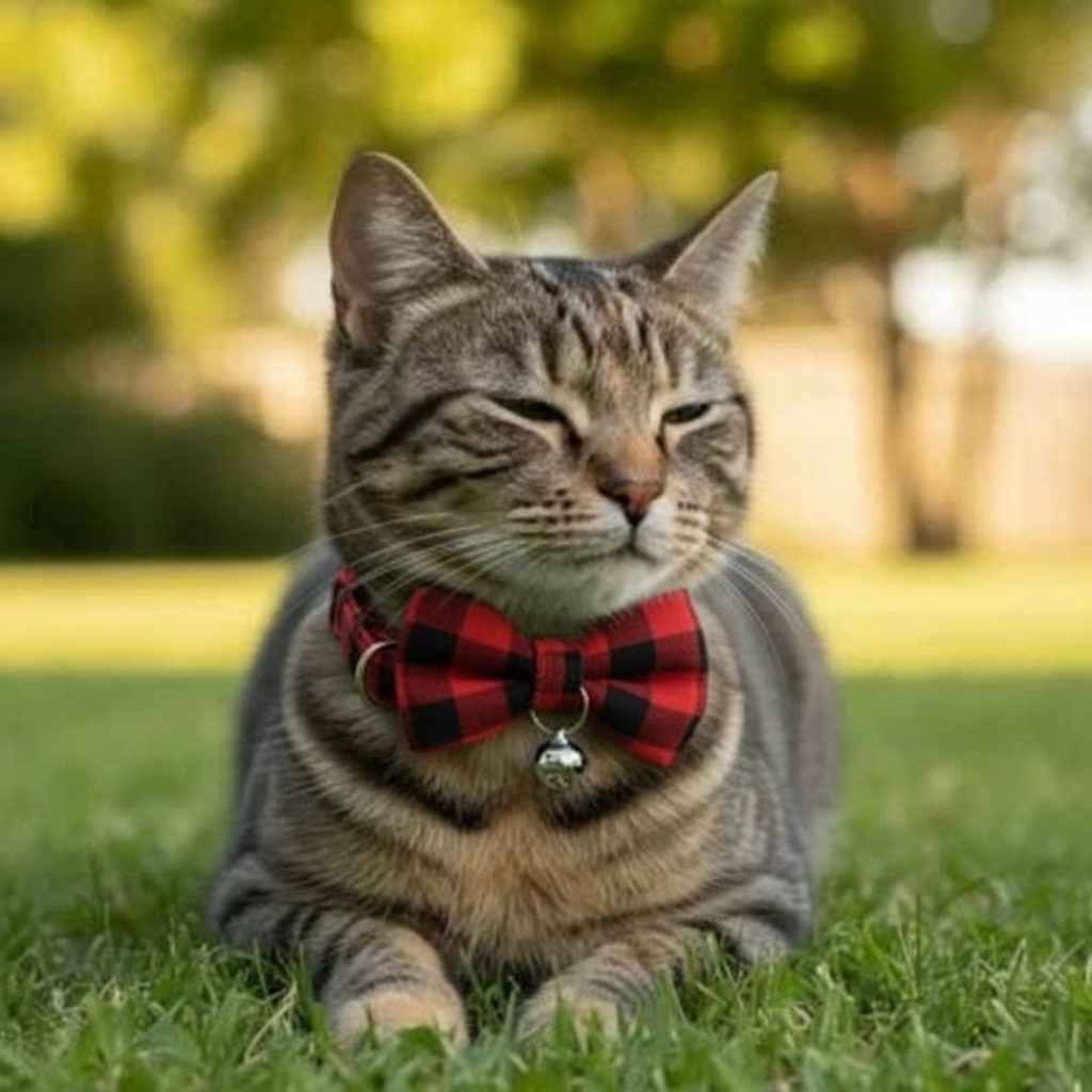 Chat portant un collier à carreaux rouge et noir