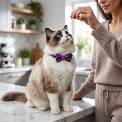 Chat Ragdoll aux yeux bleus avec collier nœud papillon violet pailleté et clochette dans une cuisine