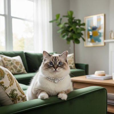 Chat Ragdoll avec collier bijou sur canapé vert