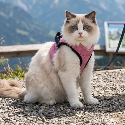Chat ragdoll en harnais rose assis sur gravier en montagne