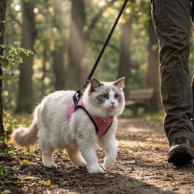 Chat ragdoll en harnais rose promené en forêt avec laisse