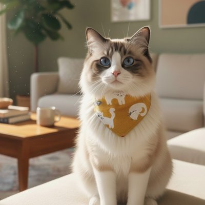 
Chat Ragdoll yeux bleus avec bandana chat jaune motifs chats salon
