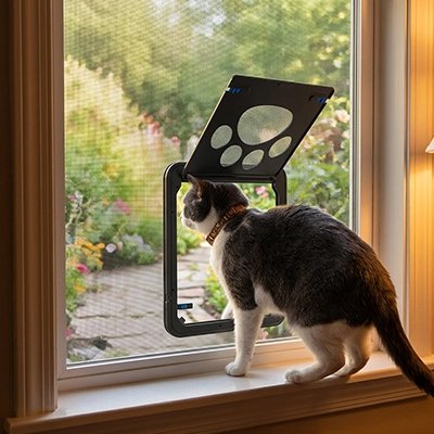 Chat regardant par une chatière à volet installée sur fenêtre